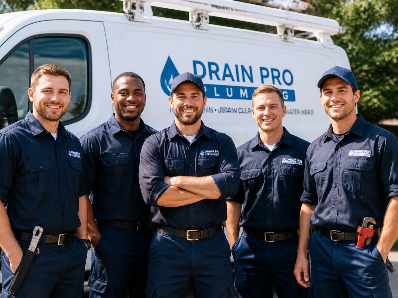 The Johnson Plumbing team standing in front of a service van
